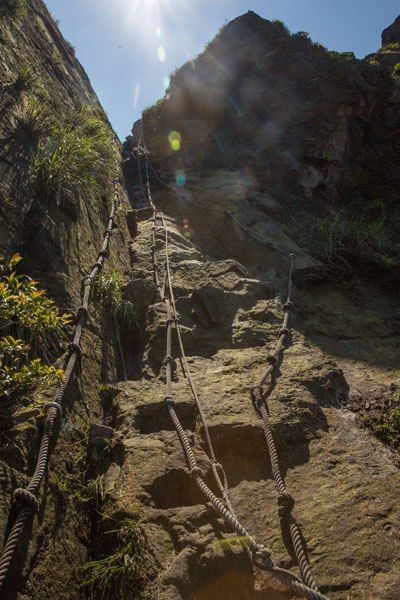 A very sheer and uneven cliff face pictured from the bottom, with several ropes hanging down to use for climbing.