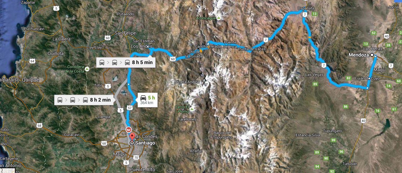 Driving Santiago to Mendoza Map