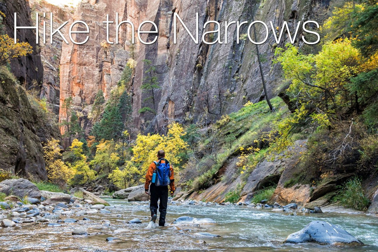 A man trekking at the Zion Narrows in Utah.