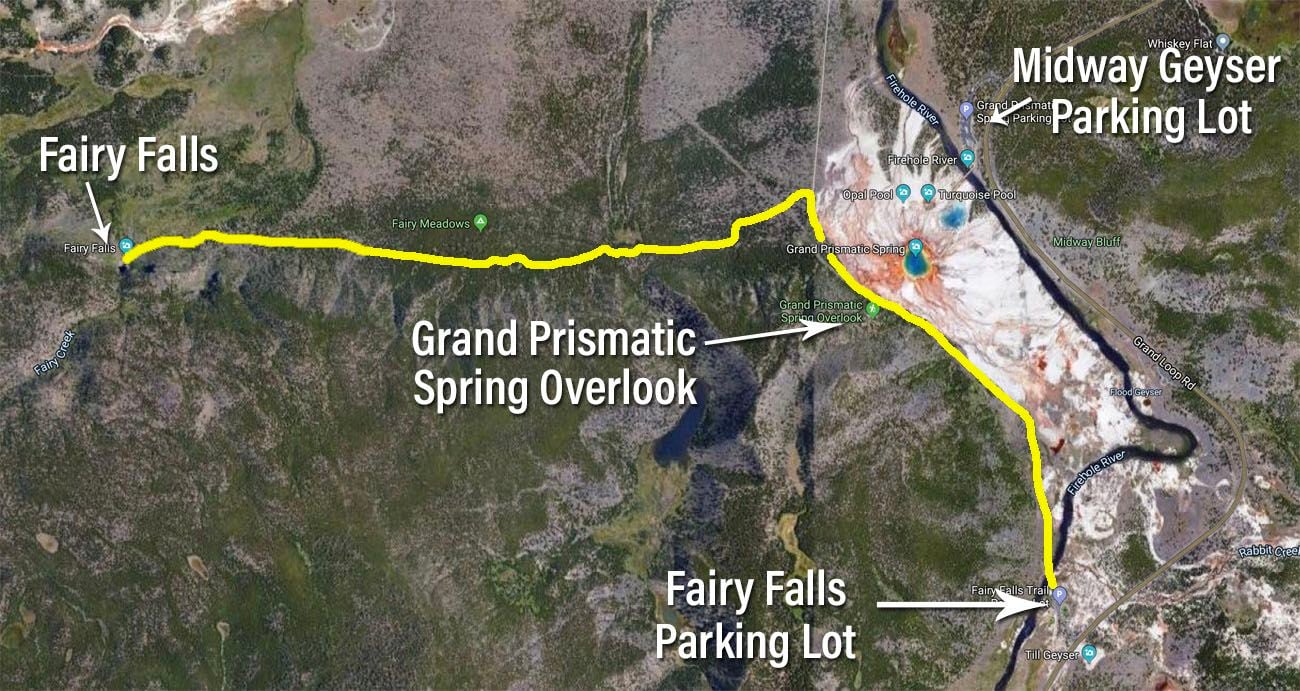 Map to Fairy Falls and Grand Prismatic Spring