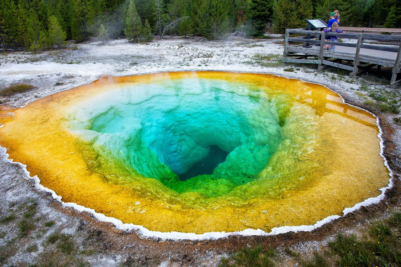 A close-up view of the Morning Glory Pool in Yellowstone shows colorful yellow, green, and deep aqua water layers.