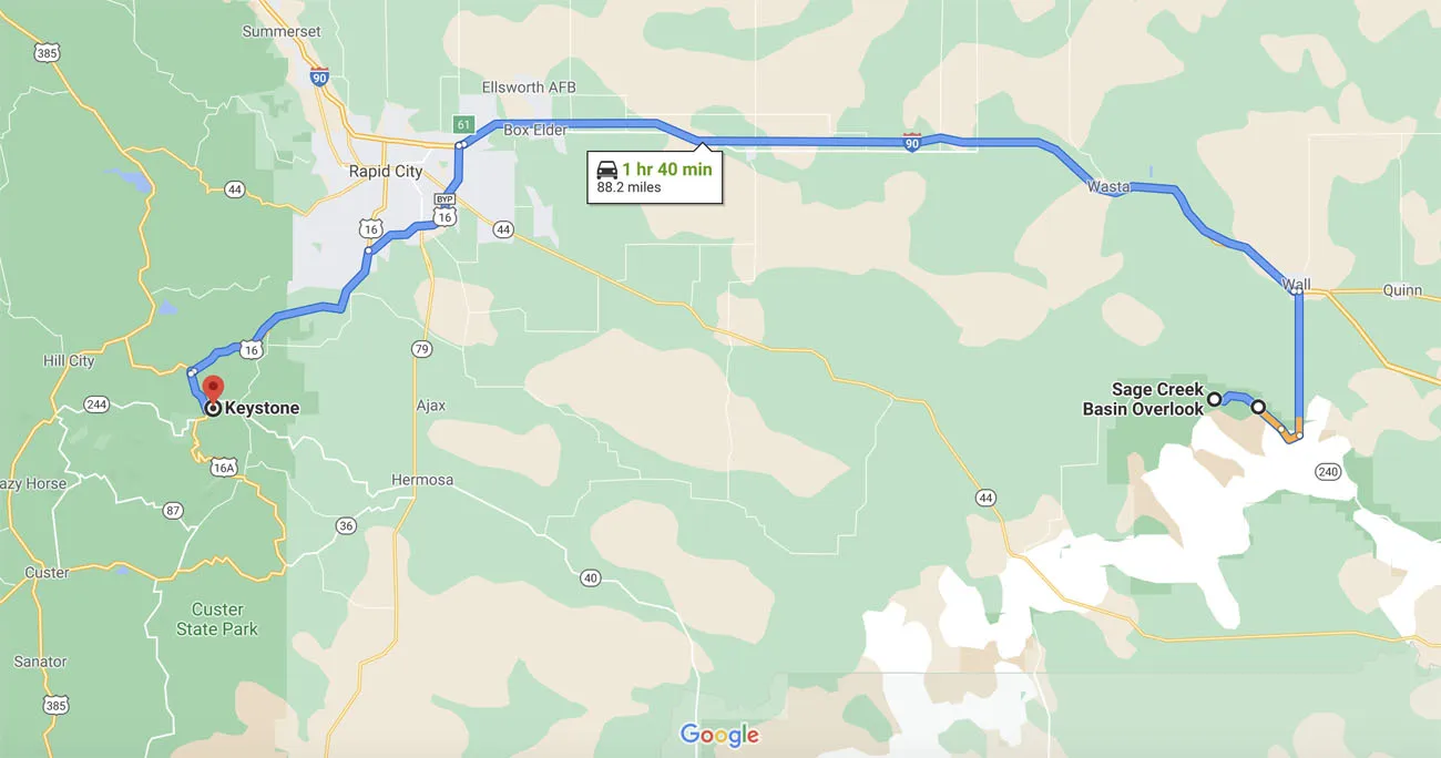 Badlands to Black Hills Map