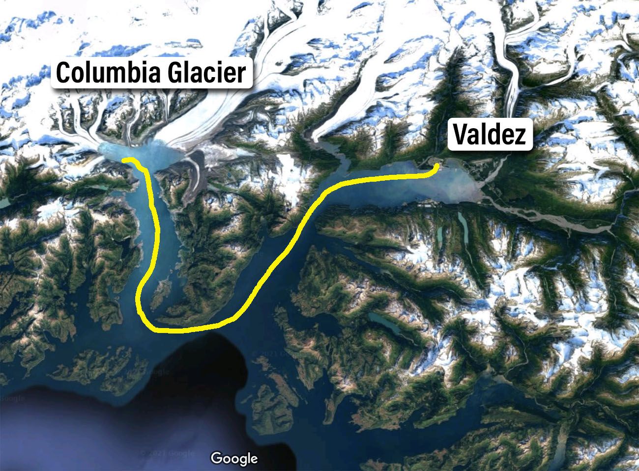 Valdez to Columbia Glacier Map