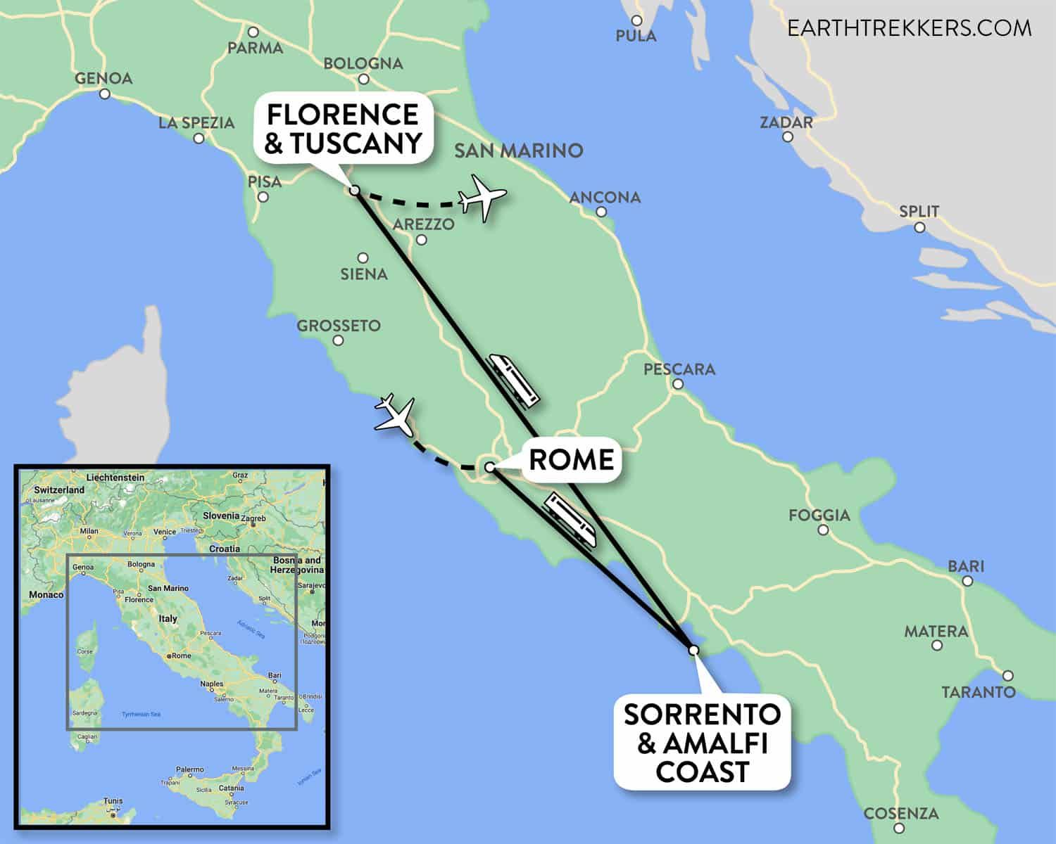 Italy Itinerary Map Rome Sorrento Florence | 10 days in Italy Itinerary