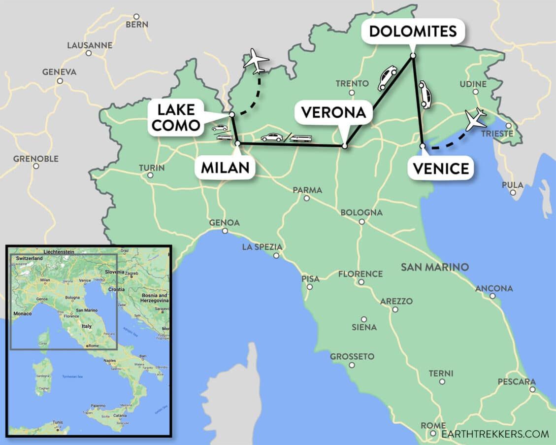 Northern Italy Itinerary Venice - Italy Itinerary Map Venice Dolomites Lake Como 1129x903 .optimal