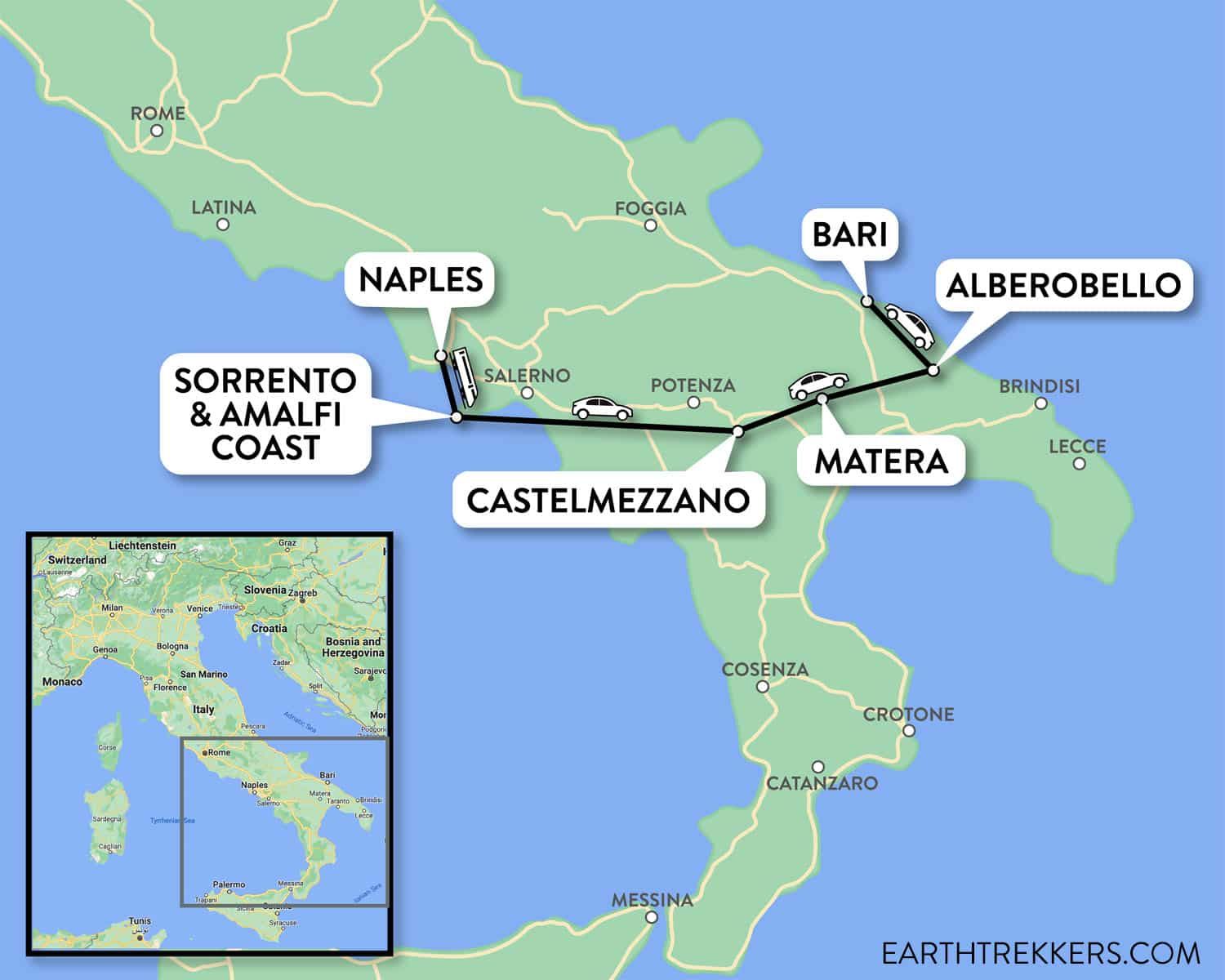 Southern Italy Itinerary Map | Southern Italy Itinerary