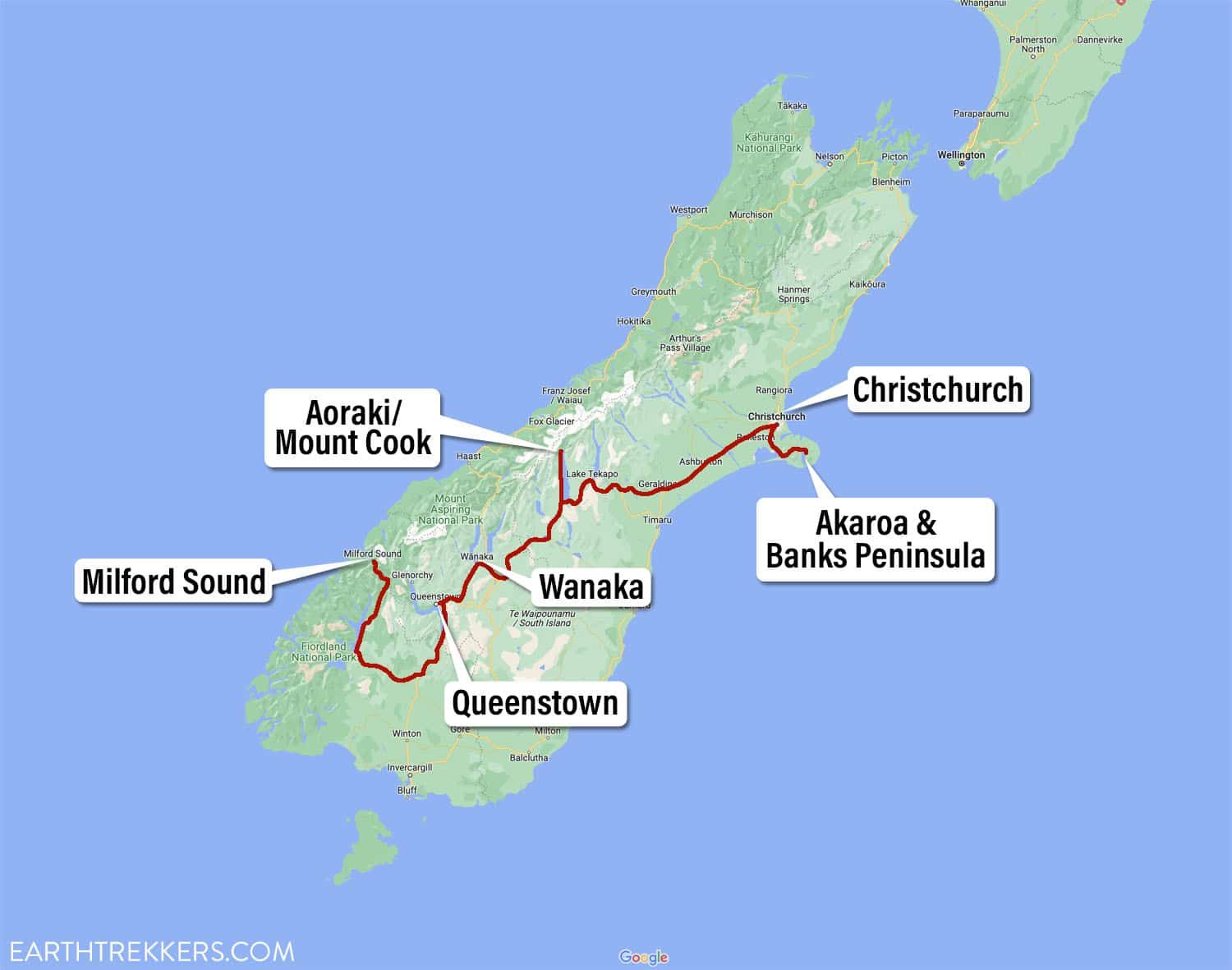 One Week South Island New Zealand Itinerary Map