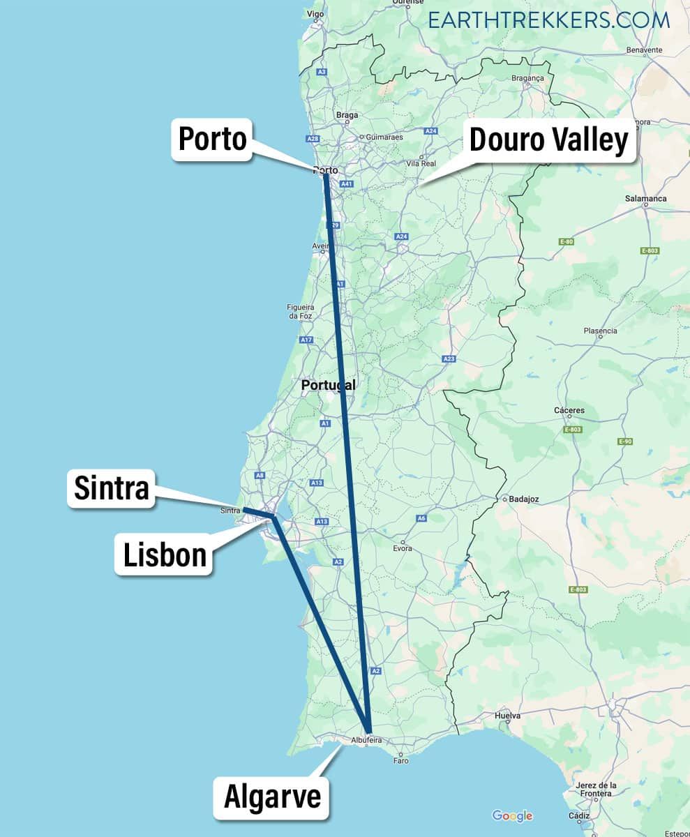 10 Day Portugal Map Lisbon Porto Algarve