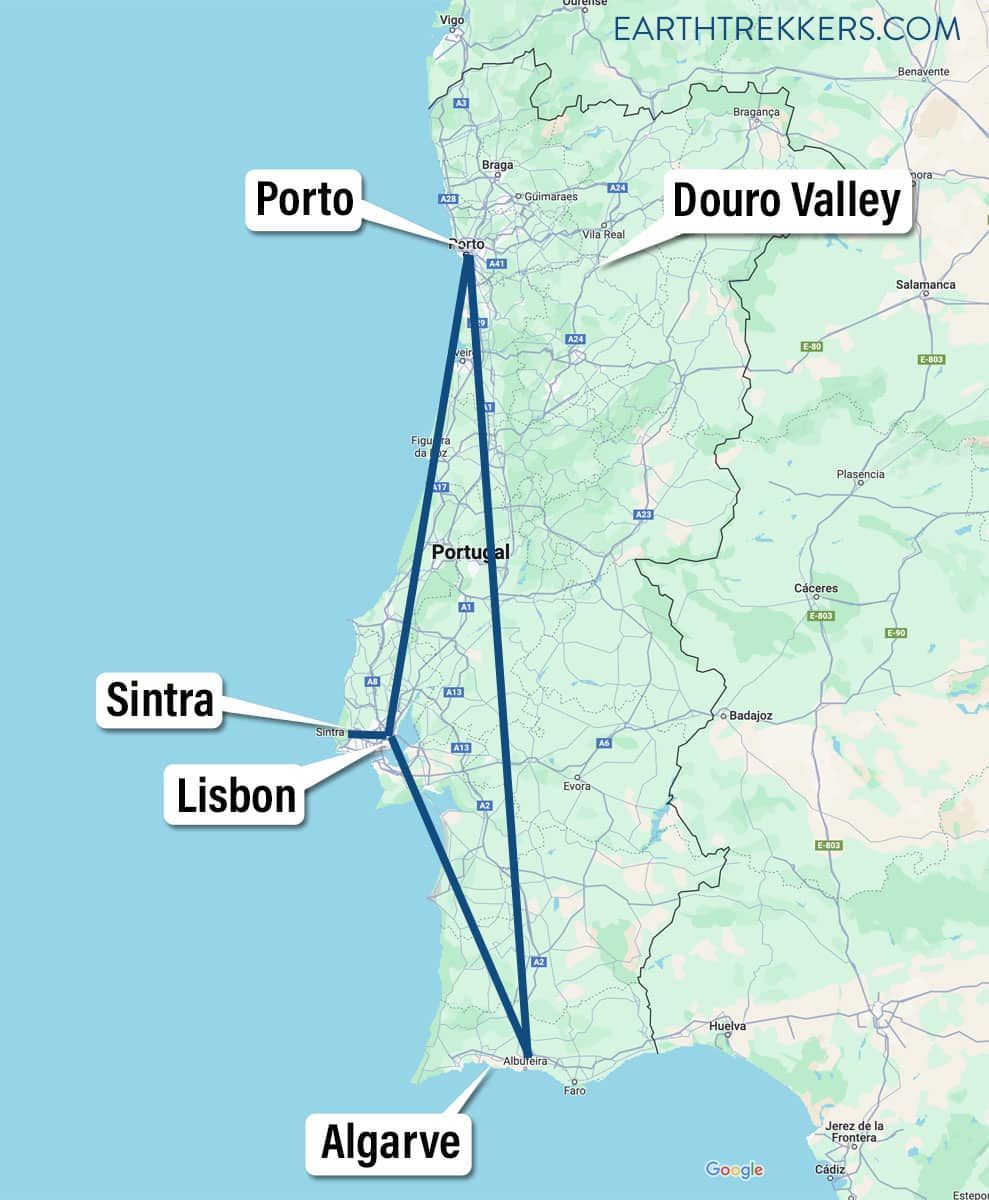 10 Day Portugal Map Lisbon Porto Algarve