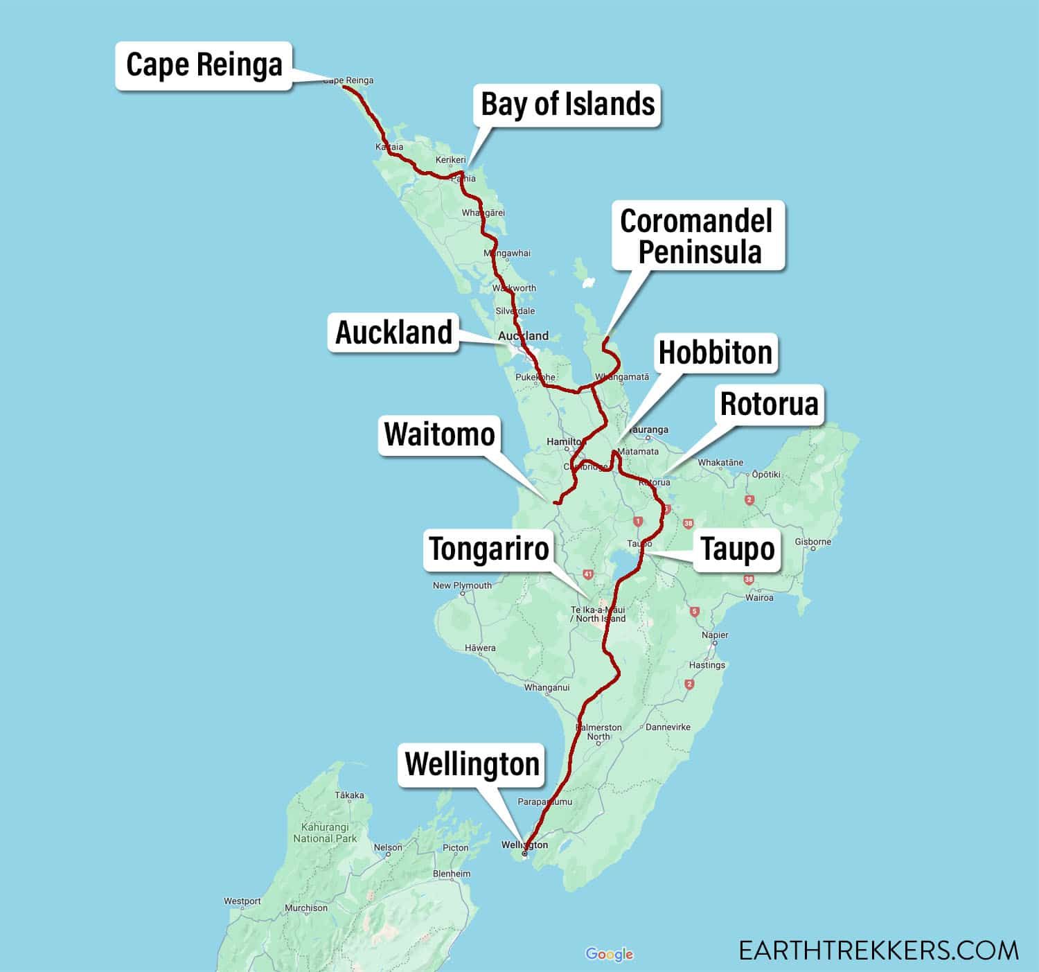 2 Week North Island Itinerary Map