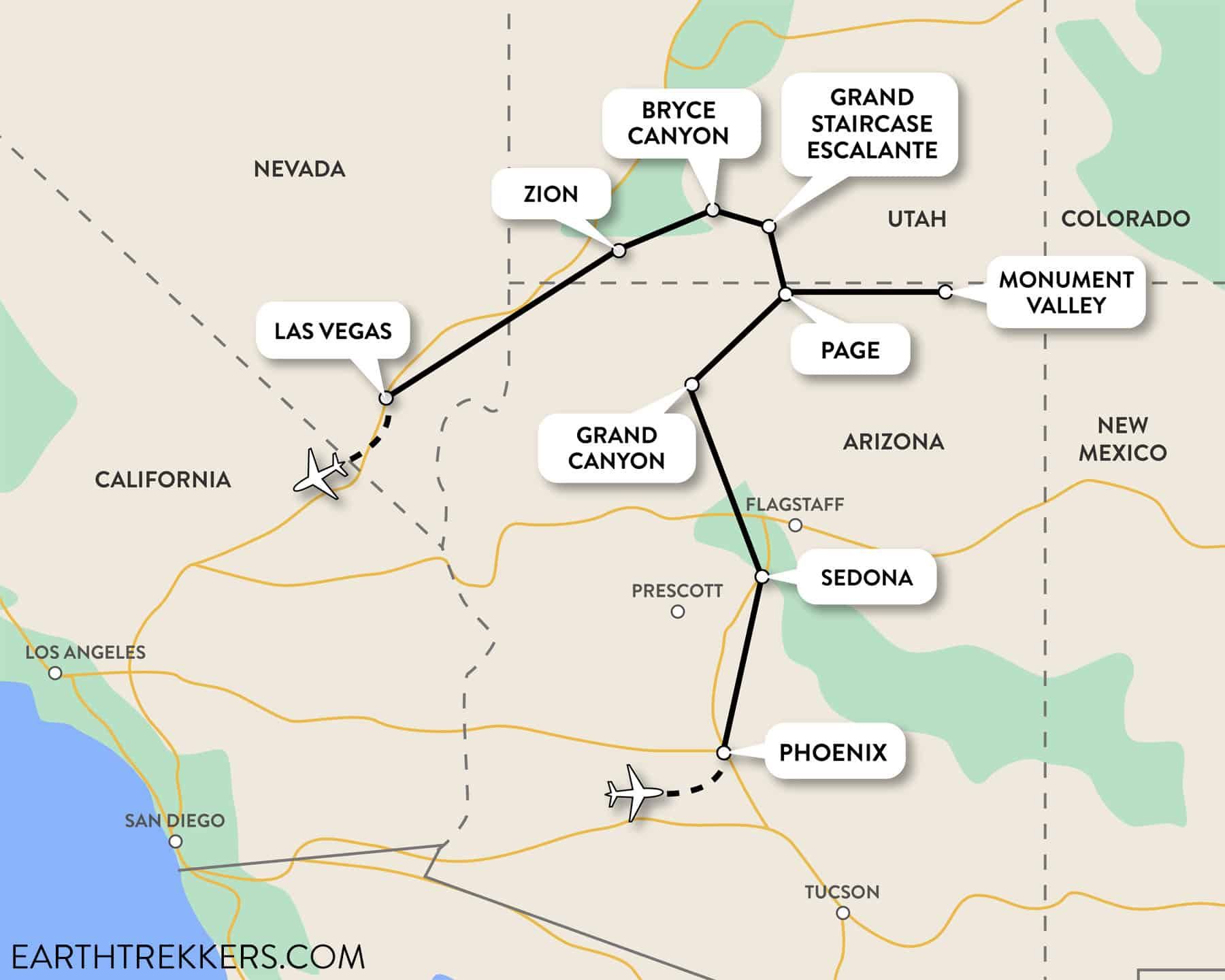 10 Day American Southwest Itinerary Map