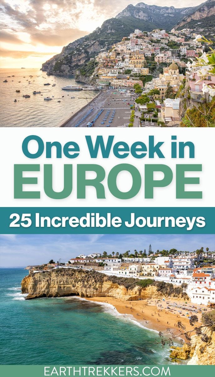 Travel to Europe: here are 25 one week in Europe itineraries. Visit Paris, Amsterdam, London, Rome, Venice, Portugal, Madrid, Barcelona, Swiss Alps, Greek islands, the Norwegian fjords, Ireland, Scotland, Poland, Croatia and more.