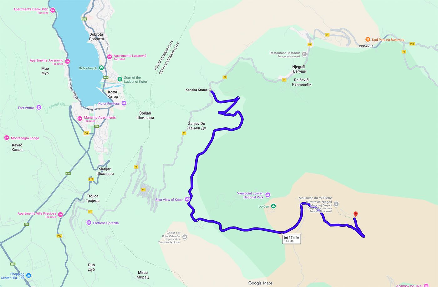 Driving Route to Lovcen Park