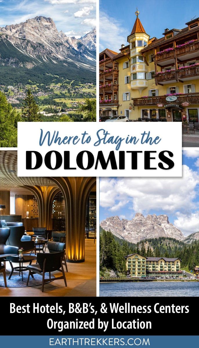 Best places to stay in the Dolomites, organized by location and travel style. Best hotels in Cortina d'Ampezzo, Selva di Val Gardena, Ortisei, and Alta Badia.