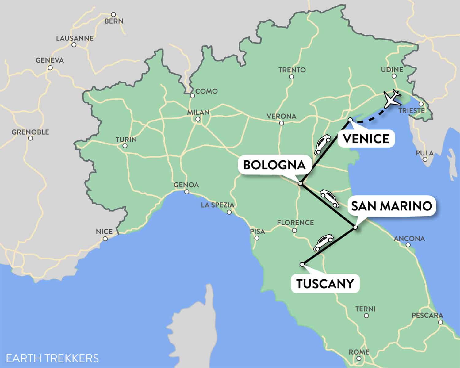 10 Day Italy Itinerary Map with San Marino