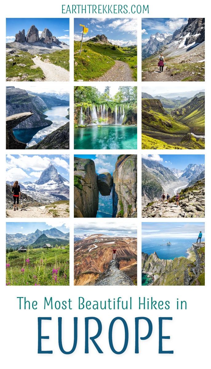 Best hikes in Europe: Trolltunga, Path of the Gods, Cinque Terre, Kjeragbolten, Gornergrat, Grand Balcon Nord, Fimmvorduhals, Cliffs of Moher, Seven Hanging Valleys, and more.
