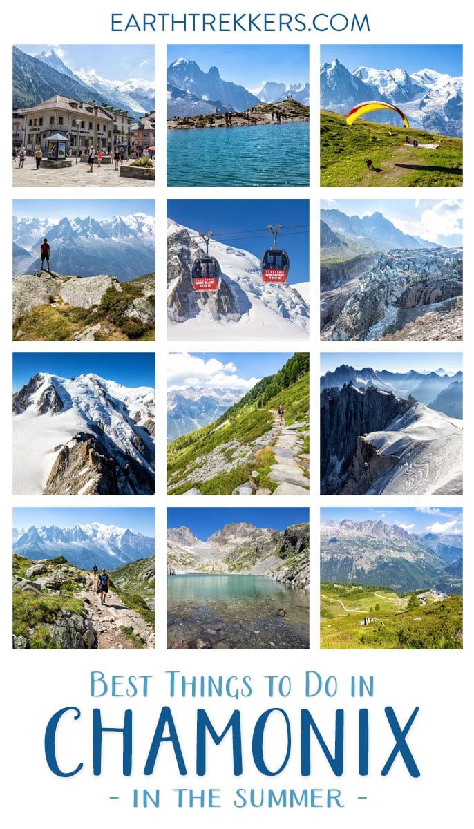 Best things to do in Chamonix, France in the summer. Aiguille du Midi, best hikes in Chamonix, Balcon Nord Trail, Lac Blanc, Argentiere Glacier, Tour du Mont Blanc, Walker's Haute Route, Mer de Glace.