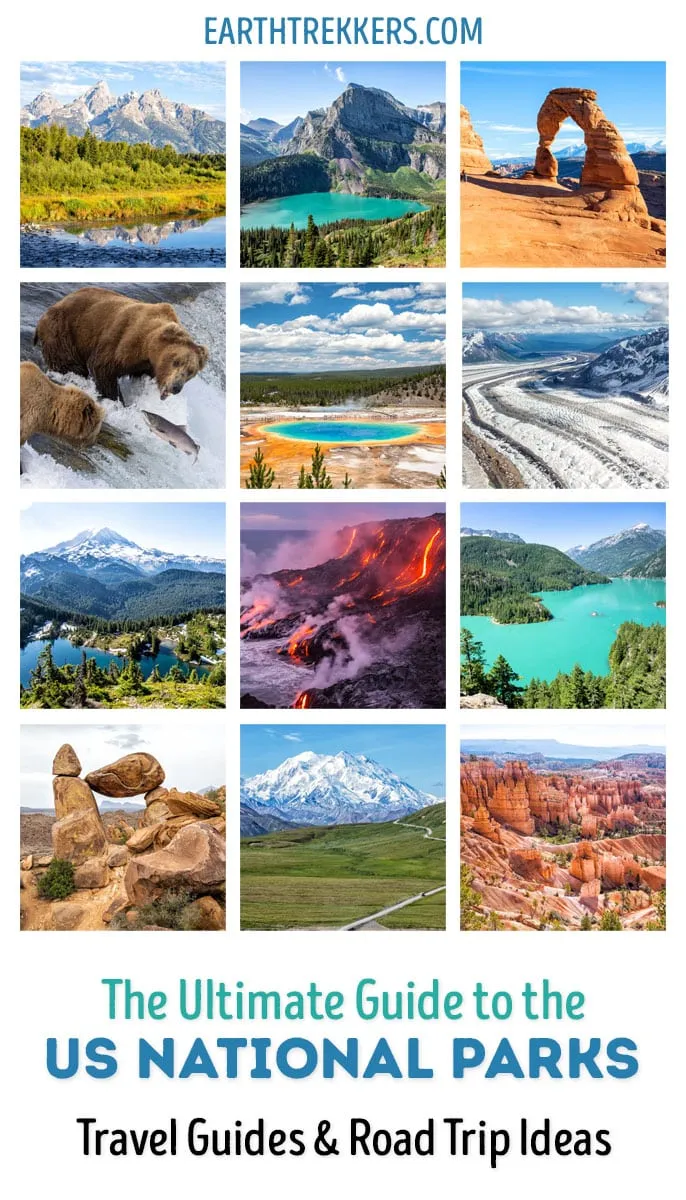 Complete guide to all 63 US national parks in the USA: Yellowstone, Grand Canyon, Arches, Acadia, Yosemite, Glacier, Denali, Everglades, Zion, Bryce Canyon, and many more.