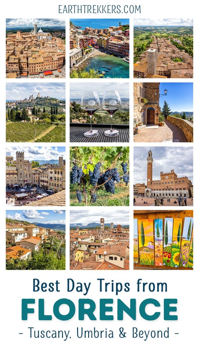Best day trips from Florence, Italy. Explore the Chianti wine region, visit Montepulciano, Siena, Cortona, Pienza, Montalcino, Lucca, Pisa, Montalcino, Monterrigioni, Arezzo, Milan, and Bologna and go hiking in the Cinque Terre.