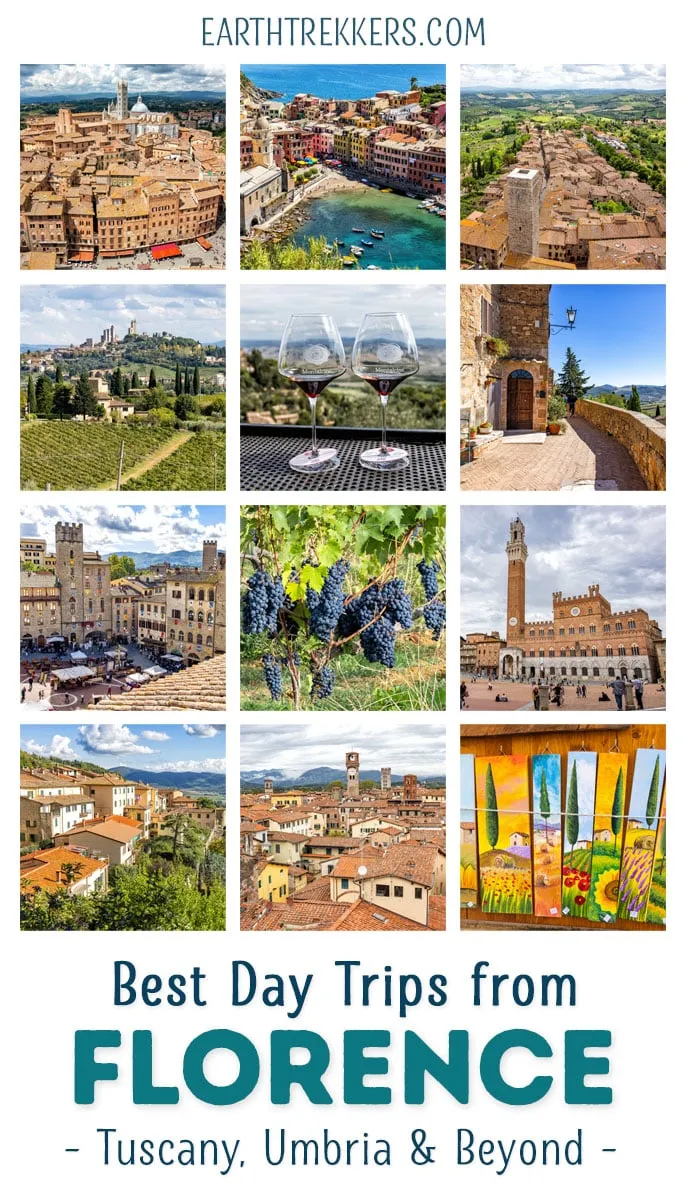 Best day trips from Florence, Italy. Explore the Chianti wine region, visit Montepulciano, Siena, Cortona, Pienza, Montalcino, Lucca, Pisa, Montalcino, Monterrigioni, Arezzo, Milan, and Bologna and go hiking in the Cinque Terre.