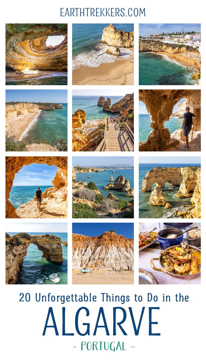 20 epic things to do in the Algarve, Portugal: Seven Hanging Valleys Trail, Lagos, Albufeira, Ponta da Piedade, Algar Seco, Costa Vicentina, Tavira, Benagil Cave, boat tours, surfing, and seafood.