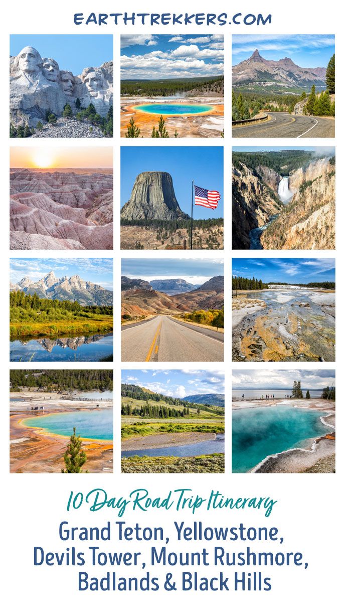 10-day US national parks road trip itinerary: Grand Teton, Yellowstone, Beartooth Highway, Bighorn Mountains, Devils Tower, Mount Rushmore, Custer State Park, Black Hills of South Dakota, Badlands and Wind Cave National Parks.