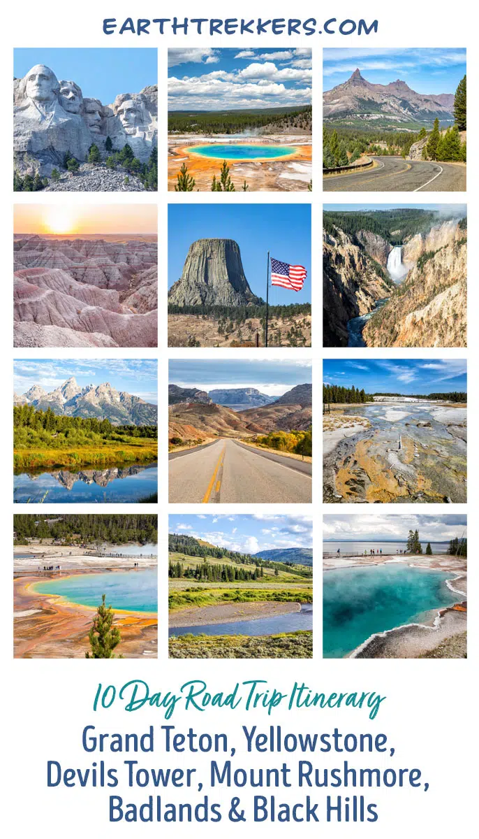 10-day US national parks road trip itinerary: Grand Teton, Yellowstone, Beartooth Highway, Bighorn Mountains, Devils Tower, Mount Rushmore, Custer State Park, Black Hills of South Dakota, Badlands and Wind Cave National Parks.