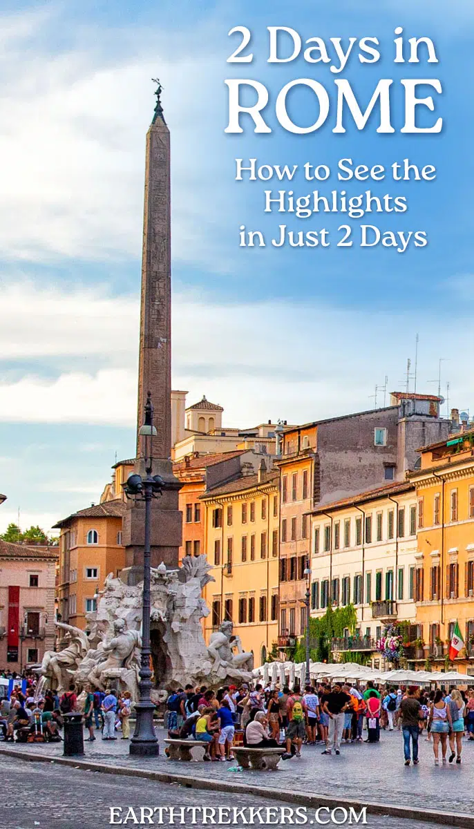 2 Day Rome Italy Itinerary: Colosseum, Vatican, St. Peter's Basilica, Borghese Gallery, Piazza Navona, Trevi Fountain, and the Pantheon. Includes maps, walking routes, recommended restaurants, and rooftop bars.