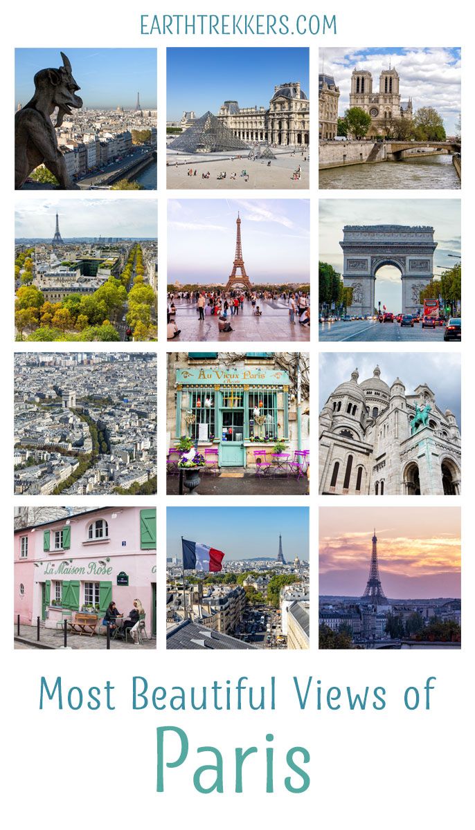 Best views of Paris, France: Eiffel Tower, Arc de Triomphe, Sacre-Coeur, Notre Dame, Pantheon, Trocadero, Seine River, Montmartre, and more.