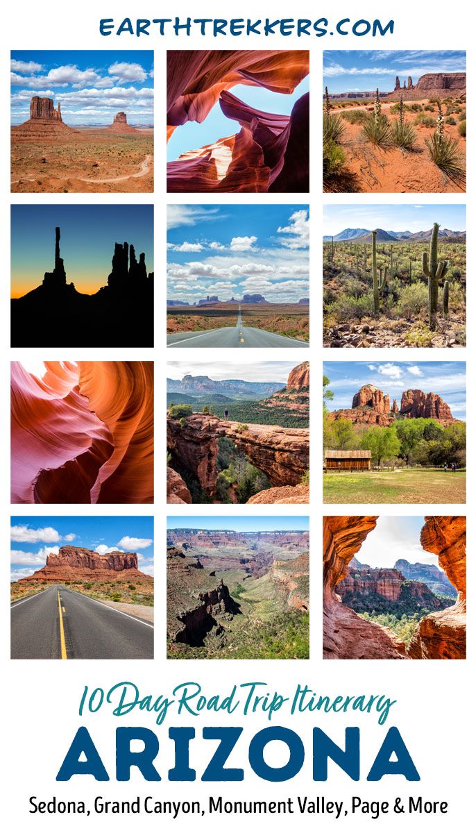 Arizona road trip itinerary. On this 7 to 10 day road trip, visit the Grand Canyon, Saguaro and Petrified National Parks, Monument Valley, Sedona, Antelope Canyon, and Monument Valley.