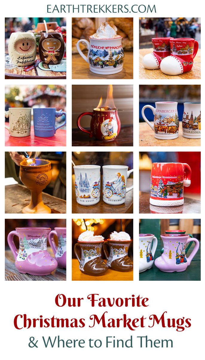 Christmas market mugs in Europe. We visited Christmas markets in Germany, Austria, Poland, France, Czech Republic, and England and here are our favorite mugs.