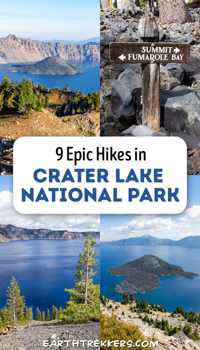 Best hikes in Crater Lake National Park: Garfield Peak, Watchman Peak, Discovery Point, Wizard Island, Sun Notch, Cleetwood Cove, and more.